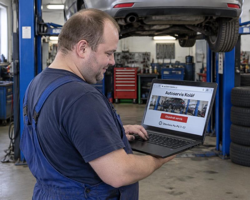 Mechanik autoservisu Kolář ukazuje svůj web na notebooku